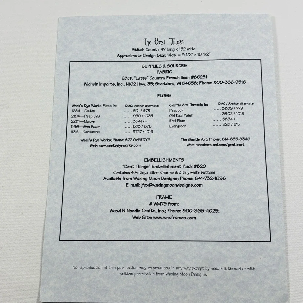 Waxing Moon Designs The Best Things #079 Cross Stitch Pattern with Charms Pack